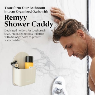 Modern Shower Caddy Suction Cup for Wall or Mirror - Silicone, BPA-Free Bathroom Organizer - Waterproof and Moveable - Holds Toothbrush, Soap, Razor, and Shampoo - Suction Shower Caddy (Sand/Tan)