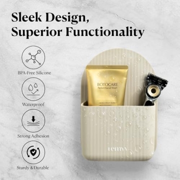 Modern Shower Caddy Suction Cup for Wall or Mirror - Silicone, BPA-Free Bathroom Organizer - Waterproof and Moveable - Holds Toothbrush, Soap, Razor, and Shampoo - Suction Shower Caddy (Sand/Tan)