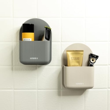 Modern Shower Caddy Suction Cup for Wall or Mirror - Silicone, BPA-Free Bathroom Organizer - Waterproof and Moveable - Holds Toothbrush, Soap, Razor, and Shampoo - Suction Shower Caddy (Sand/Tan)