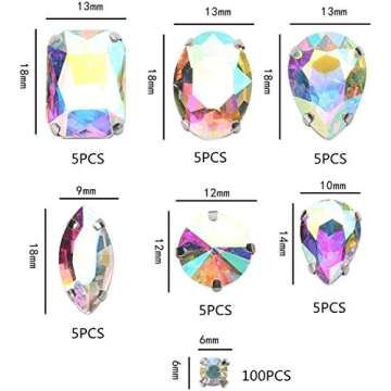 AB Sew On Rhinestones, Choupee 130PCS Sew On Rhinestone Metal Back Prong Setting Sewing Claw Rhinestone Mixed Shapes Sew On Glass Gems for Jewelry, Clothes, Costume, Shoes,Dress, Garments