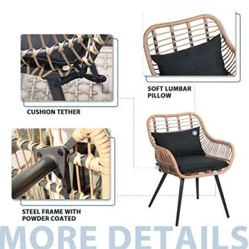 JOIVI 3 Piece Patio Bistro Set, Wicker Outdoor Patio Set with Enhanced Comfort Seating, Round Glass Top Coffee Side Table, Patio Rattan Conversation Set for Balcony, Lawn, Garden, Backyard, Black