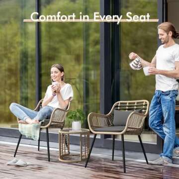 JOIVI 3 Piece Patio Bistro Set, Wicker Outdoor Patio Set with Enhanced Comfort Seating, Round Glass Top Coffee Side Table, Patio Rattan Conversation Set for Balcony, Lawn, Garden, Backyard, Black