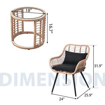 JOIVI 3 Piece Patio Bistro Set, Wicker Outdoor Patio Set with Enhanced Comfort Seating, Round Glass Top Coffee Side Table, Patio Rattan Conversation Set for Balcony, Lawn, Garden, Backyard, Black