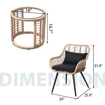 JOIVI 3 Piece Patio Bistro Set, Wicker Outdoor Patio Set with Enhanced Comfort Seating, Round Glass Top Coffee Side Table, Patio Rattan Conversation Set for Balcony, Lawn, Garden, Backyard, Black