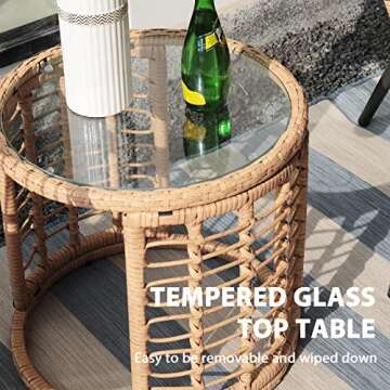 JOIVI 3 Piece Patio Bistro Set, Wicker Outdoor Patio Set with Enhanced Comfort Seating, Round Glass Top Coffee Side Table, Patio Rattan Conversation Set for Balcony, Lawn, Garden, Backyard, Black