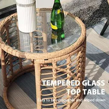 JOIVI 3 Piece Patio Bistro Set, Wicker Outdoor Patio Set with Enhanced Comfort Seating, Round Glass Top Coffee Side Table, Patio Rattan Conversation Set for Balcony, Lawn, Garden, Backyard, Black