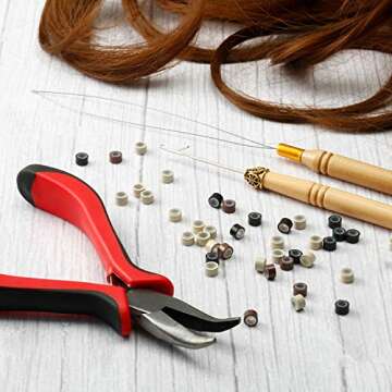 Hair Extension Kit Pliers Pulling Hook Needle Bead Device Tool Kits and 600 Pieces Silicone Lined Micro Rings (Black, Blonde and Brown Beads)