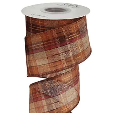 Ribbli Fall Burlap Wired Ribbon with Gold Foil, 2-1/2 Inch x 10 Yard,Fall Plaid Ribbon,Check Ribbon for Big Bow,Fall Wreath,Gift Wrapping, Copper/Burgundy/Brown