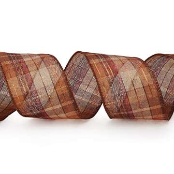 Ribbli Fall Burlap Wired Ribbon with Gold Foil, 2-1/2 Inch x 10 Yard,Fall Plaid Ribbon,Check Ribbon for Big Bow,Fall Wreath,Gift Wrapping, Copper/Burgundy/Brown