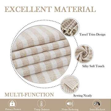 ColorBird Striped Semi-Blackout Window Curtains 2 Panels Farmhouse Style Cotton Linen Darkening Curtains with Tassel Rod Pocket Window Drapes for Dining Living Bedroom (52" W x 84" L, 1 Pair, Beige)