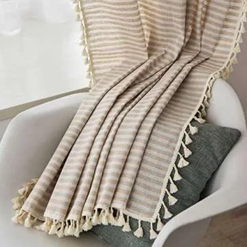 ColorBird Striped Semi-Blackout Window Curtains 2 Panels Farmhouse Style Cotton Linen Darkening Curtains with Tassel Rod Pocket Window Drapes for Dining Living Bedroom (52" W x 84" L, 1 Pair, Beige)