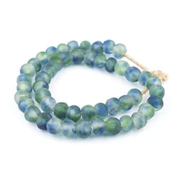 The Bead Chest Multicolor African Recycled Glass Beads 14mm Blue, Green, White Large Hole 25-Inch Strand, Handmade in Ghana for Jewelry Making & Crafts I Approximately 45 Beads