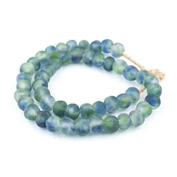 The Bead Chest Multicolor African Recycled Glass Beads 14mm Blue, Green, White Large Hole 25-Inch Strand, Handmade in Ghana for Jewelry Making & Crafts I Approximately 45 Beads