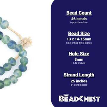 The Bead Chest Multicolor African Recycled Glass Beads 14mm Blue, Green, White Large Hole 25-Inch Strand, Handmade in Ghana for Jewelry Making & Crafts I Approximately 45 Beads