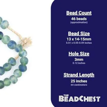 The Bead Chest Multicolor African Recycled Glass Beads 14mm Blue, Green, White Large Hole 25-Inch Strand, Handmade in Ghana for Jewelry Making & Crafts I Approximately 45 Beads