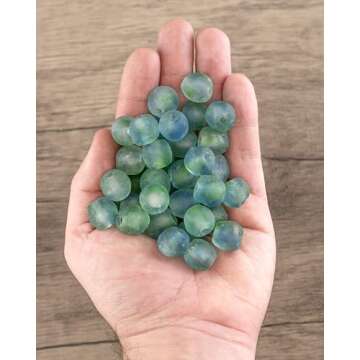 The Bead Chest Multicolor African Recycled Glass Beads 14mm Blue, Green, White Large Hole 25-Inch Strand, Handmade in Ghana for Jewelry Making & Crafts I Approximately 45 Beads