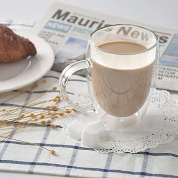 Finnhomy 12oz Double Wall Glass Coffee Mugs Set of 2, Clear Espresso Cups with Handle, Insulated Glass Mug for Coffee, Tea