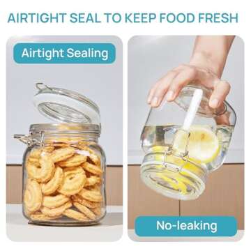 Vtopmart 34oz Glass Food Storage Jars with Airtight Clamp Lids, 3 Pack Kitchen Canisters for Flour, Cereal, Coffee, Pasta and Canning, Square Mason Jar with 8 Chalkboard Labels