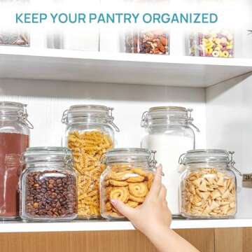 Vtopmart 34oz Glass Food Storage Jars with Airtight Clamp Lids, 3 Pack Kitchen Canisters for Flour, Cereal, Coffee, Pasta and Canning, Square Mason Jar with 8 Chalkboard Labels