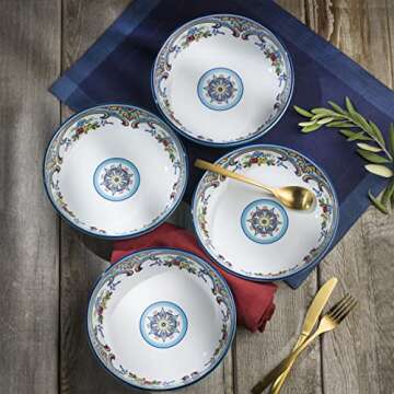 Euro Ceramica Zanzibar Double Bowl 16-Piece Dinnerware Set | Fine Kitchenware | Floral Multicolor Design Stoneware Tableware Service For 4
