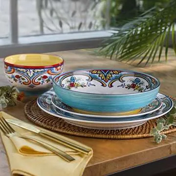 Euro Ceramica Zanzibar Double Bowl 16-Piece Dinnerware Set | Fine Kitchenware | Floral Multicolor Design Stoneware Tableware Service For 4