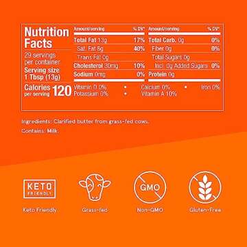 Grass Fed Ghee, 13.5 Oz, Bulletproof 100% Grass Fed, Pasture Raised Clarified Butter Fat, Keto, Paleo, Lactose Free, Casein Free, Non-GMO