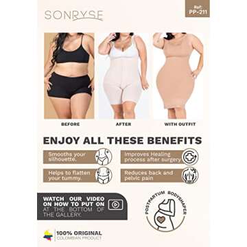 Sonryse PP-211 Tummy Tuck Compression Garment for Women Fajas Colombianas Reductoras y Moldeadoras Stage 2 Black Faja Medium