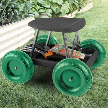 Pure Garden 82-VY021 Cart Rolling Stool with Wheels Seat, and Tool Tray for Weeding, Planting, or Lawn Care – Gardening Accessories and Supplies, 17.5x19, Green/Black