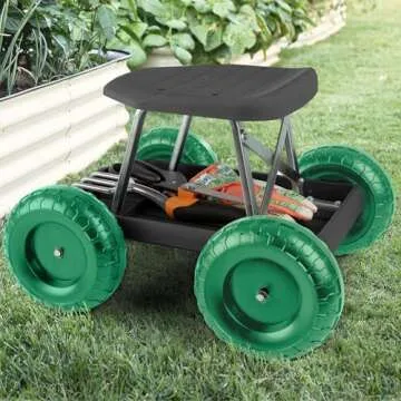 Pure Garden 82-VY021 Cart Rolling Stool with Wheels Seat, and Tool Tray for Weeding, Planting, or Lawn Care – Gardening Accessories and Supplies, 17.5x19, Green/Black
