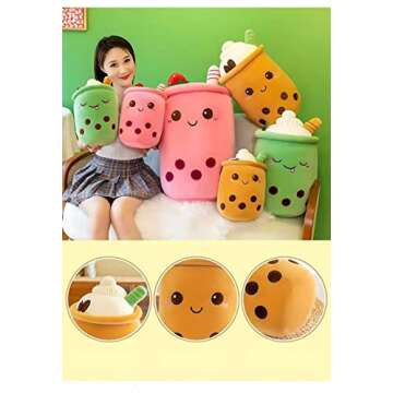 Milk Tea Plush Pillow, 9.36inch Kawaii Stuffed Milk Tea Plush Toy, Funny Hugging Pillow Milk Tea Pearl Bubble Plushie Cushion Gift for Kids Adults Birthday Christmas (Strawberry Ice Cream)…