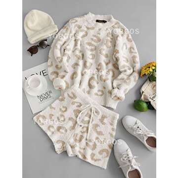 YORGOS Women's Fuzzy Fleece Leopard Loungewear Sets 2 Piece Soft Pajamas Sweater Top Shorts Set Outfits