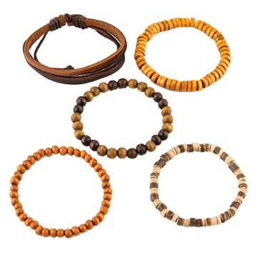 HZMAN Mix 5 Wrap Bracelets Men Women, Hemp Cords Wood Beads Ethnic Tribal Bracelets, Leather Wristbands