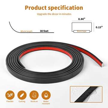 Wowstar 30 Ft Peel and Stick Trim, Molding Trim for Walls, Edges, Borders, Window Frames, Backsplash Tiles, Flexible and Self Adhesive Trim, Black