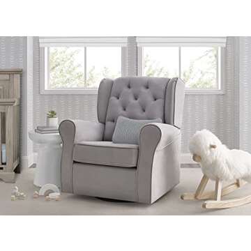 Delta Children Emerson Upholstered Glider Swivel Rocker Chair, Dove Grey with Soft Grey Welt