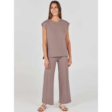 ANRABESS Women 2 Piece Outfits Casual Summer Sleeveless Tops Knit Pants Sweater Lounge Matching Sets 2025 Trendy Clothes Brown Small