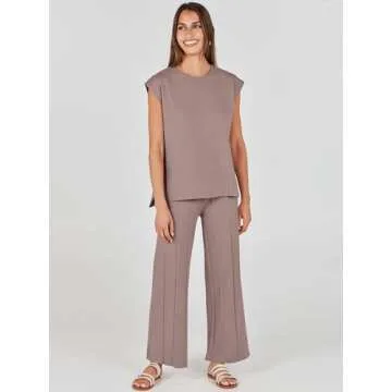 ANRABESS Women 2 Piece Outfits Casual Summer Sleeveless Tops Knit Pants Sweater Lounge Matching Sets 2025 Trendy Clothes Brown Small