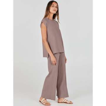 ANRABESS Women 2 Piece Outfits Casual Summer Sleeveless Tops Knit Pants Sweater Lounge Matching Sets 2025 Trendy Clothes Brown Small