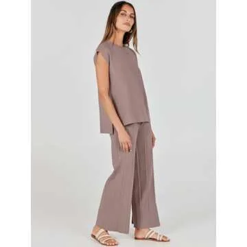 ANRABESS Women 2 Piece Outfits Casual Summer Sleeveless Tops Knit Pants Sweater Lounge Matching Sets 2025 Trendy Clothes Brown Small