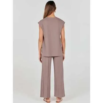 ANRABESS Women 2 Piece Outfits Casual Summer Sleeveless Tops Knit Pants Sweater Lounge Matching Sets 2025 Trendy Clothes Brown Small