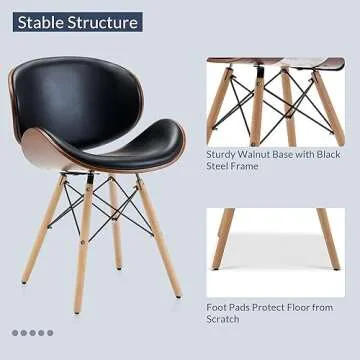 BELLEZE Set of 2 Mid Century Modern Dining Chairs, Upholstered Faux Leather Walnut Curved Back Contemporary Kitchen Dining Accent Chair, Minimalist Vintage Style - Avalon (Black)