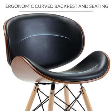 BELLEZE Set of 2 Mid Century Modern Dining Chairs, Upholstered Faux Leather Walnut Curved Back Contemporary Kitchen Dining Accent Chair, Minimalist Vintage Style - Avalon (Black)