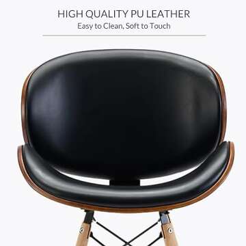 BELLEZE Set of 2 Mid Century Modern Dining Chairs, Upholstered Faux Leather Walnut Curved Back Contemporary Kitchen Dining Accent Chair, Minimalist Vintage Style - Avalon (Black)