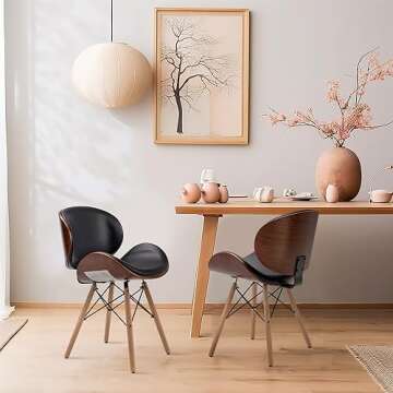 BELLEZE Set of 2 Mid Century Modern Dining Chairs, Upholstered Faux Leather Walnut Curved Back Contemporary Kitchen Dining Accent Chair, Minimalist Vintage Style - Avalon (Black)