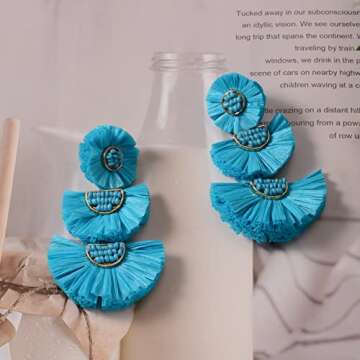 L&N Rainbery Bohemian Handmade Drop Earrings Fashion Beaded Raffia Palm Earrings for Women Tiered Dangle Statement Earrings (Teal)