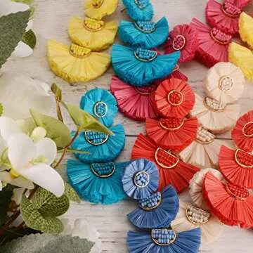 L&N Rainbery Bohemian Handmade Drop Earrings Fashion Beaded Raffia Palm Earrings for Women Tiered Dangle Statement Earrings (Teal)