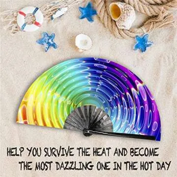 Zolee Large Rave Folding Hand Fan with Bamboo Ribs for Men/Women - Chinese Japanese Handheld Fan with Fabric Case - for Dance Music Festival Party, Performance, Decorations, Gift (Rainbow Waves)