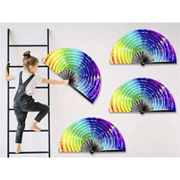 Zolee Large Rave Folding Hand Fan with Bamboo Ribs for Men/Women - Chinese Japanese Handheld Fan with Fabric Case - for Dance Music Festival Party, Performance, Decorations, Gift (Rainbow Waves)