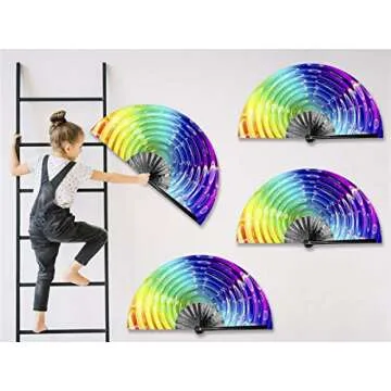 Zolee Large Rave Folding Hand Fan with Bamboo Ribs for Men/Women - Chinese Japanese Handheld Fan with Fabric Case - for Dance Music Festival Party, Performance, Decorations, Gift (Rainbow Waves)