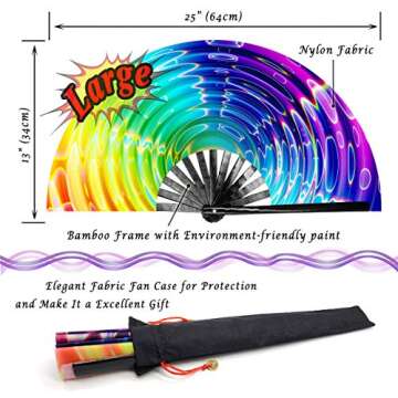 Zolee Large Rave Folding Hand Fan with Bamboo Ribs for Men/Women - Chinese Japanese Handheld Fan with Fabric Case - for Dance Music Festival Party, Performance, Decorations, Gift (Rainbow Waves)