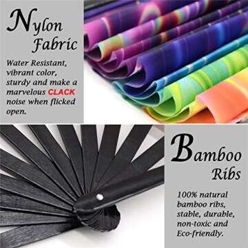 Zolee Large Rave Folding Hand Fan with Bamboo Ribs for Men/Women - Chinese Japanese Handheld Fan with Fabric Case - for Dance Music Festival Party, Performance, Decorations, Gift (Rainbow Waves)